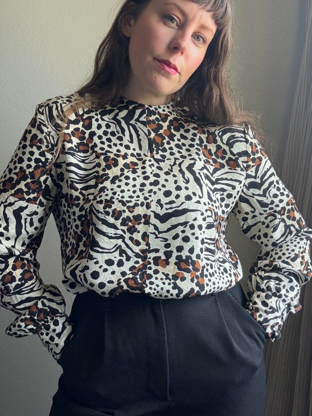 Vintage Blouse 80s Adrianna Papell Silk Mixed Animal Print Zebra Leopard Blouse